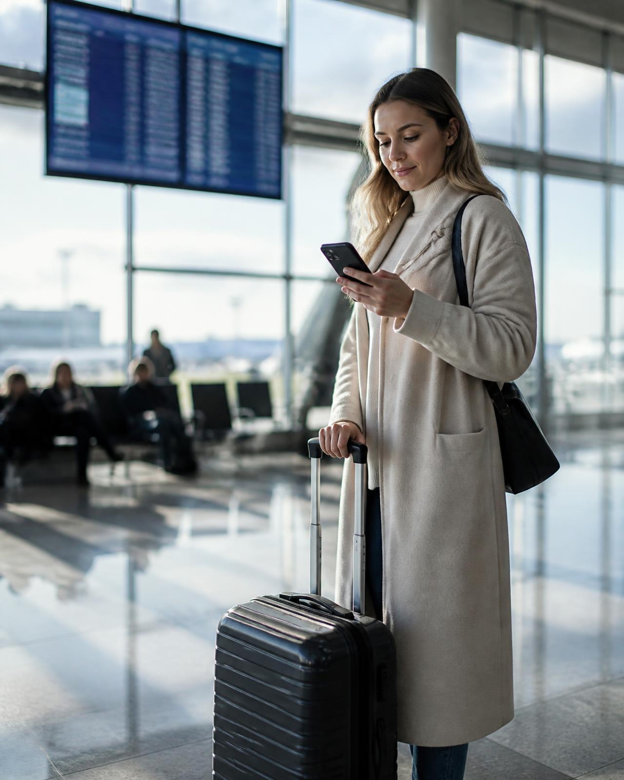 Passageira aguardando no saguão de embarque de um aeroporto, consultando o celular ao lado da mala de bordo